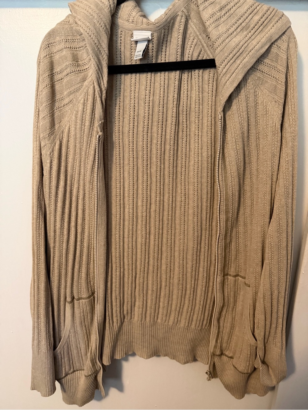 Women's Hooded Ribbed Zip-Front Cardigan Sweater - Beige